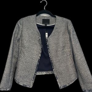 BANANA REPUBLIC Women's Blazer Cropped Tweed Fringe Blue Ivory Size 0 (NWT)